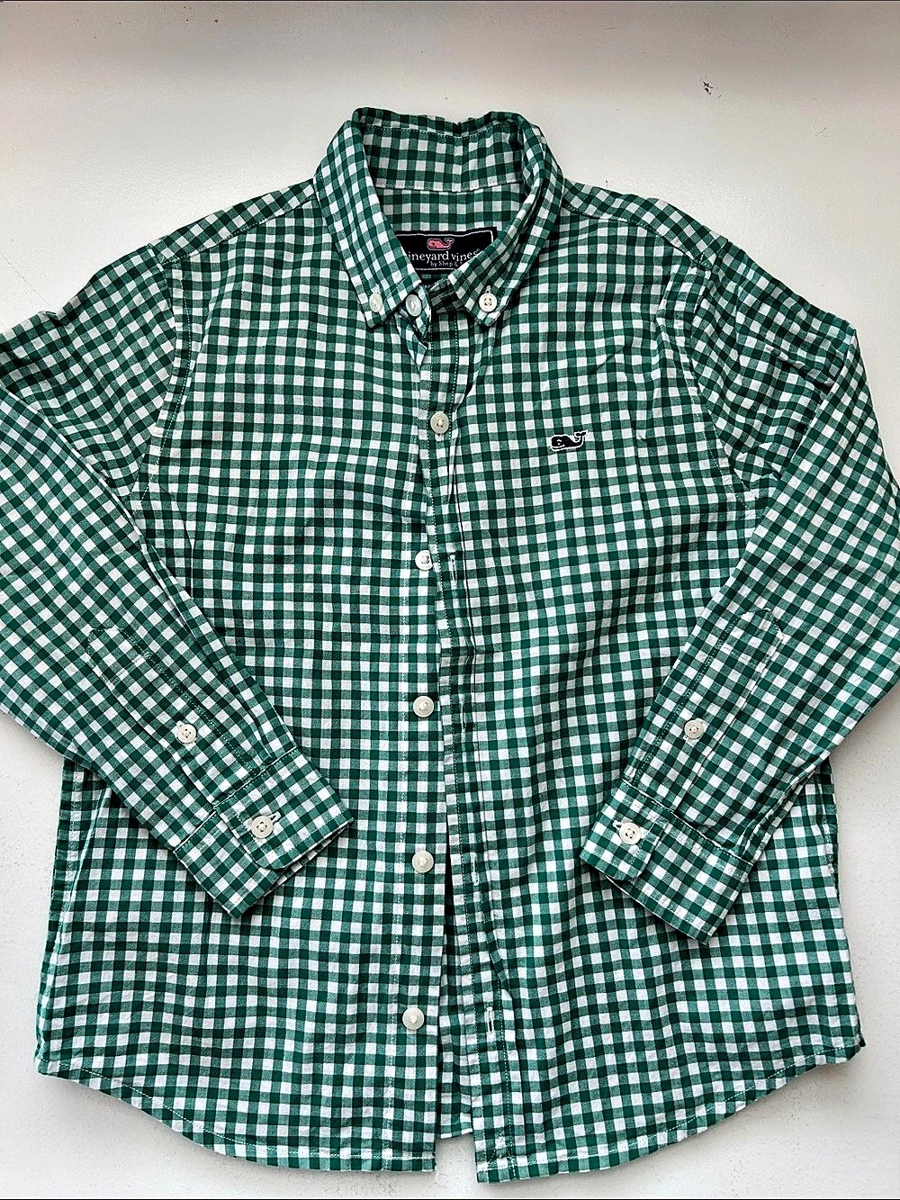 Vineyard Vines Boys Gingham Whale Shirt Green & White
